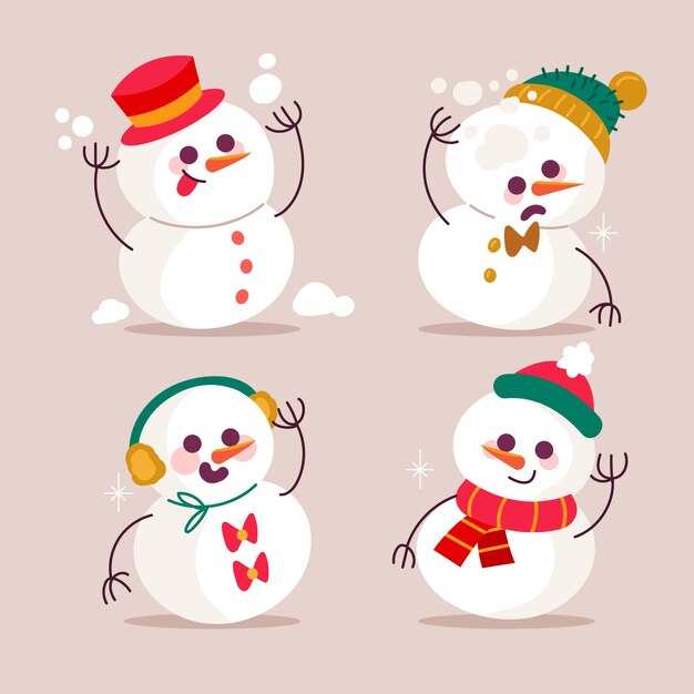 Colección de ilustración de diseño plano de personaje de muñeco de nieve