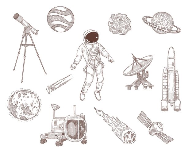 Colección de ilustraciones dibujadas a mano del espacio y la galaxia