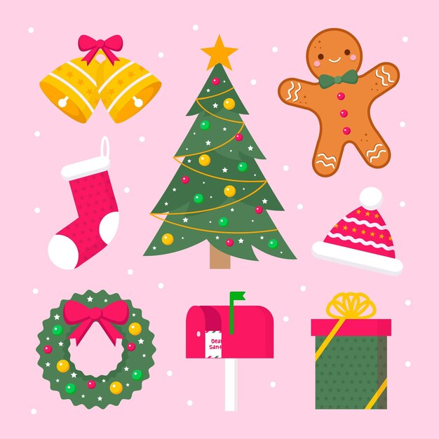 Colección de ilustraciones de elementos navideños en diseño plano