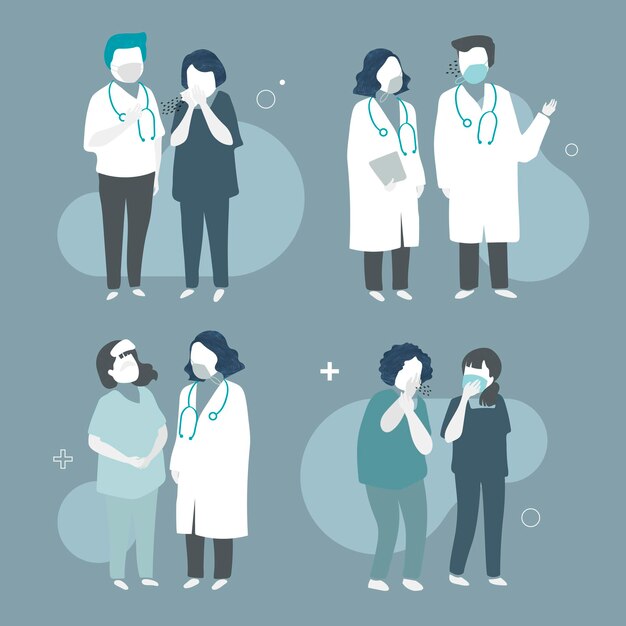 Colección de ilustraciones con médicos con máscaras faciales.