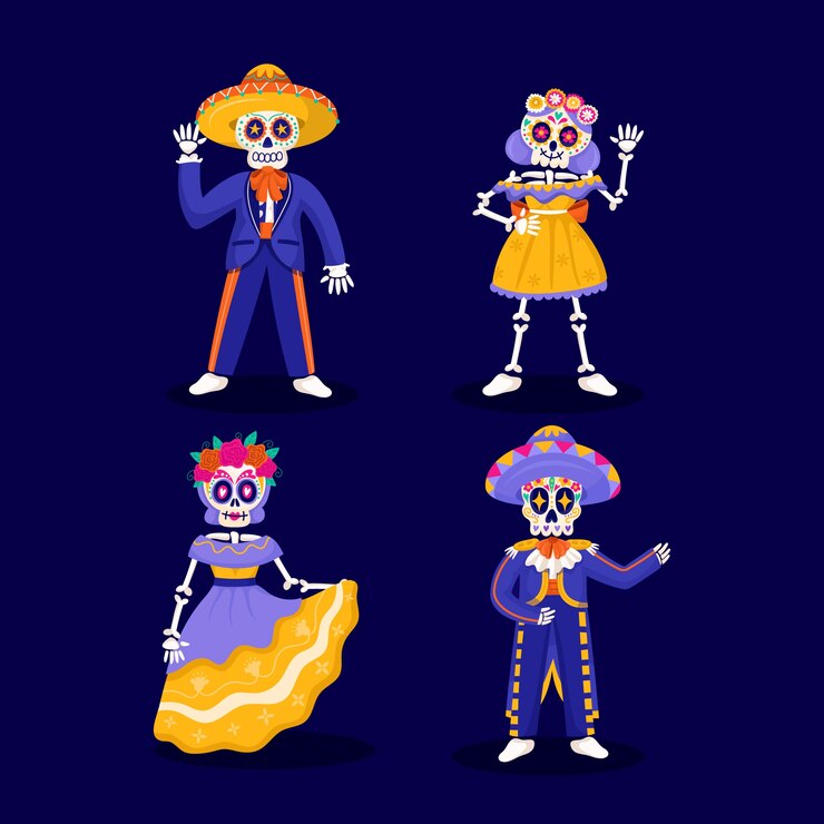 Vector gratuito colección de ilustraciones de personajes planos para la celebración del dia de muertos