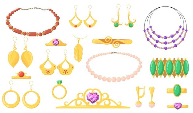Colección de ilustraciones planas de joyería creativa brillante. Pendientes de dibujos animados, pulseras, anillos de oro, pendientes con joyas ilustraciones aisladas