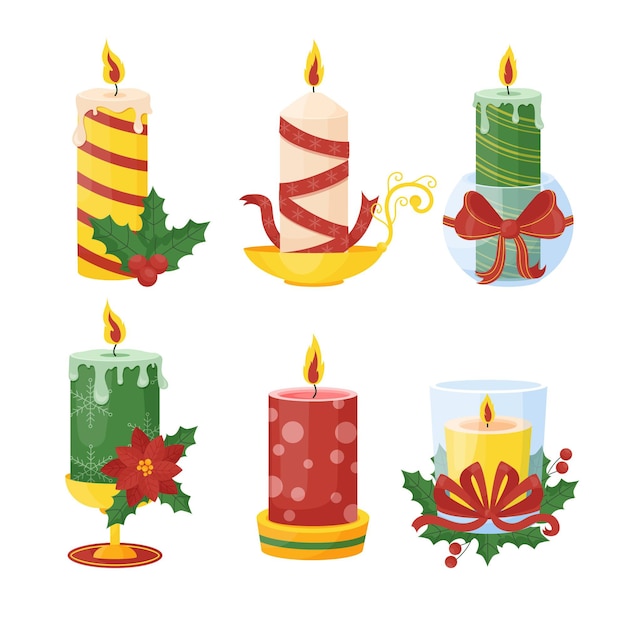 Colección de ilustraciones de velas de navidad de diseño plano