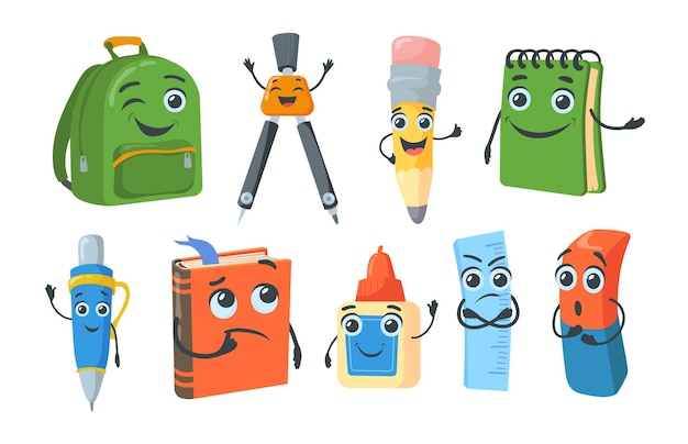 Colección de imágenes planas de personajes de papelería escolar brillante