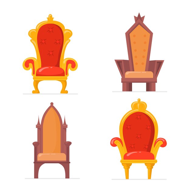 Colección de imágenes planas de sillones o tronos reales de colores brillantes