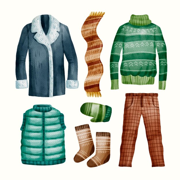 Colección de imprescindibles y ropa de invierno en acuarela