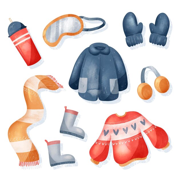 Colección de imprescindibles y ropa de invierno en acuarela