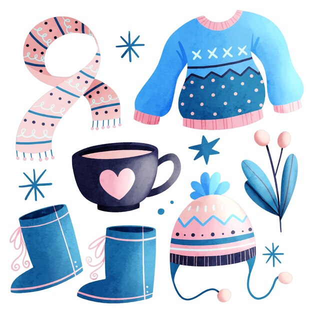 Colección de imprescindibles y ropa de invierno en acuarela