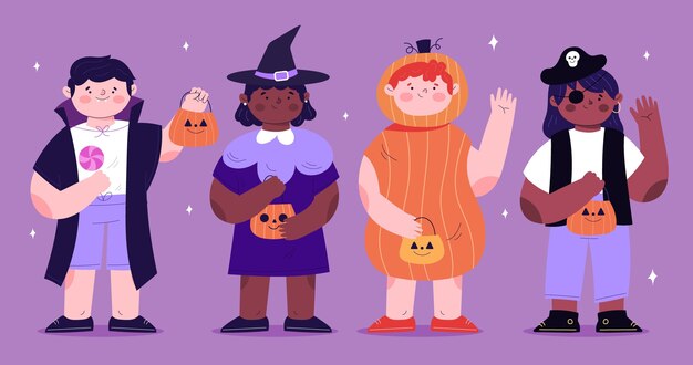 Colección infantil de halloween plana dibujada a mano en disfraces