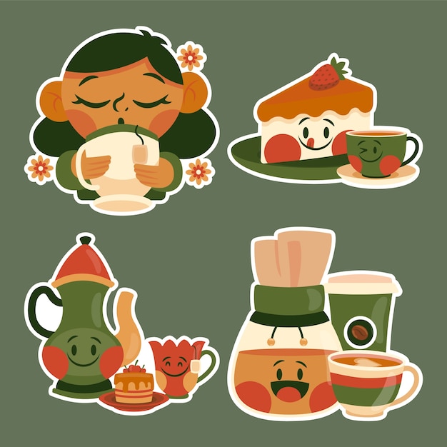 Vector gratuito colección infantil de pegatinas de té y café.