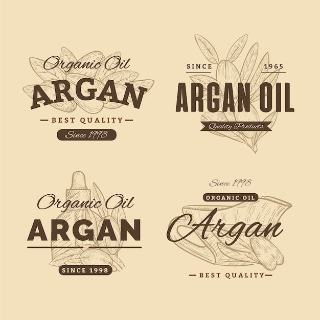 Vector gratuito colección de insignias de aceite de argán dibujadas a mano realista