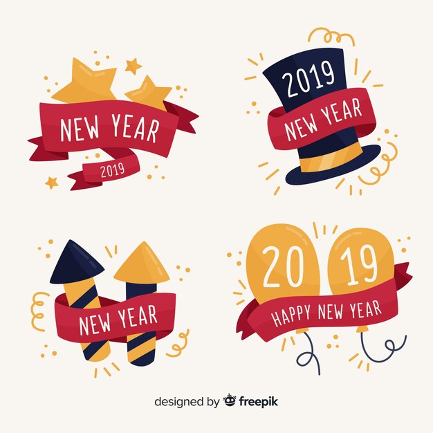 Colección de insignias de año nuevo dibujadas a mano