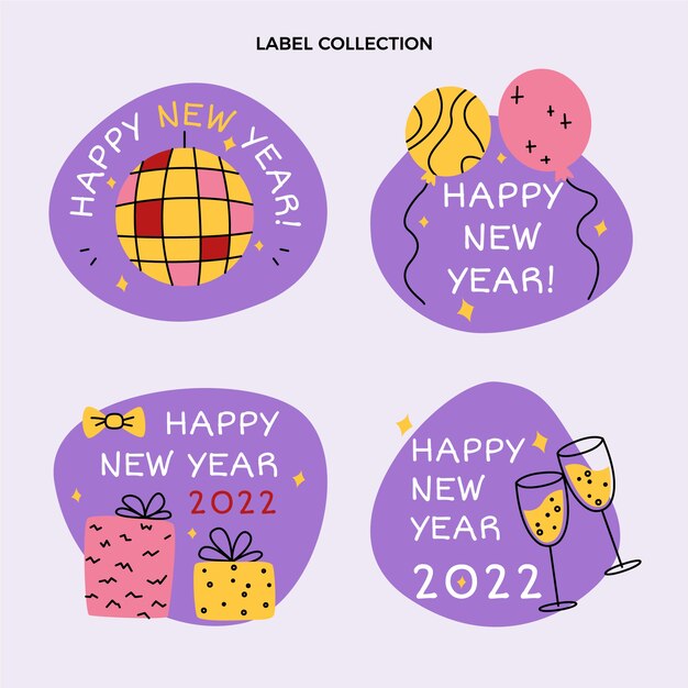 Colección de insignias de año nuevo dibujadas a mano