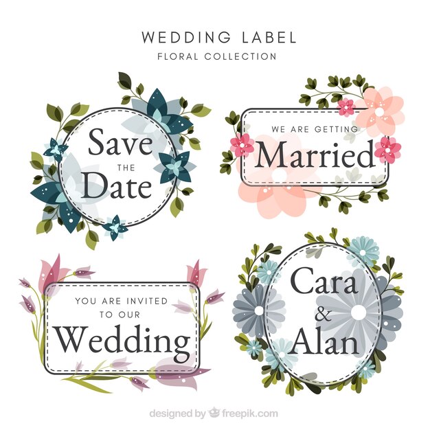 Colección de insignias de boda con diseño floral