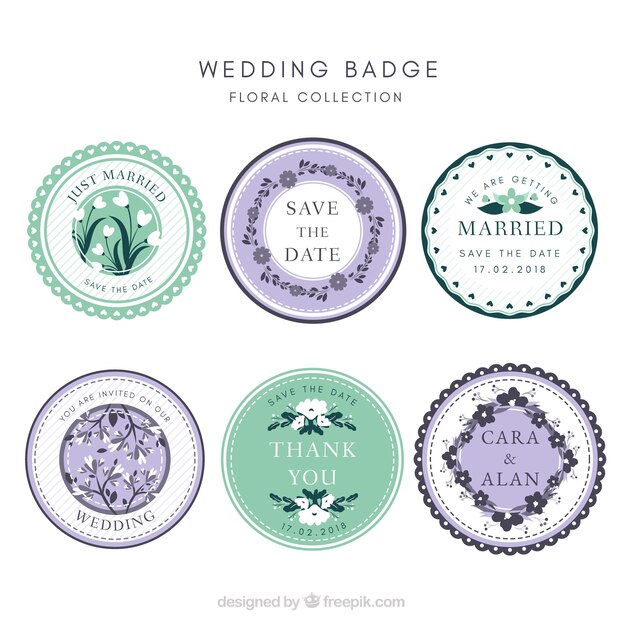 Colección de insignias de boda con diseño floral