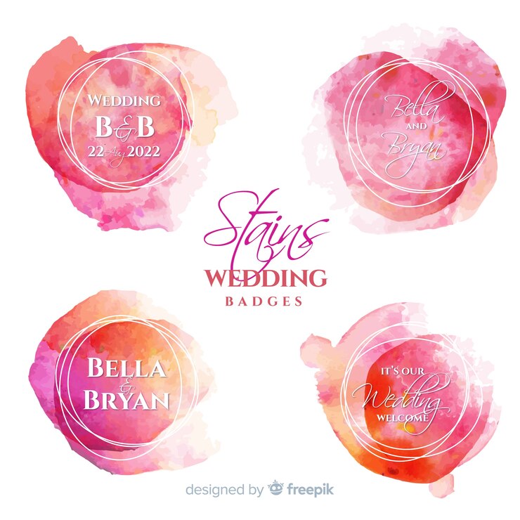 Vector gratuito colección de insignias de boda con manchas de acuarela