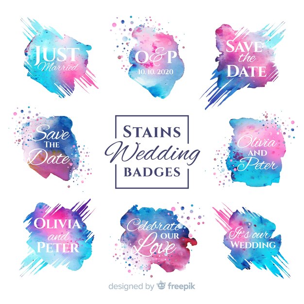 Colección de insignias de boda de manchas de acuarela