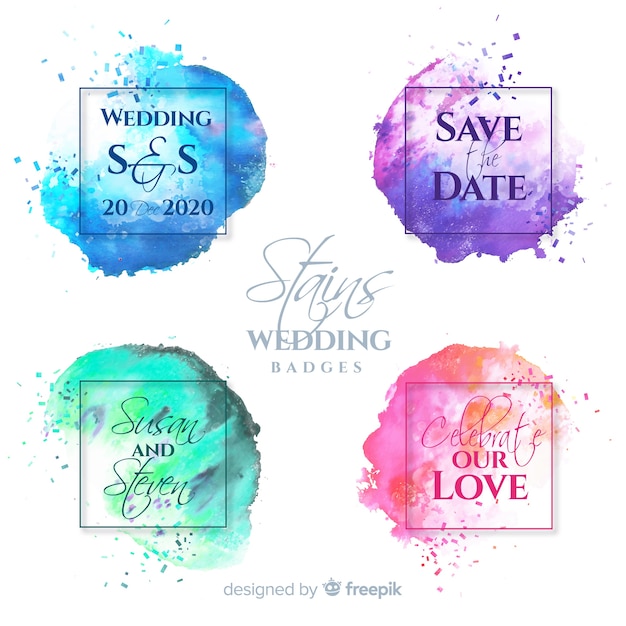 Colección de insignias de boda de manchas de acuarela
