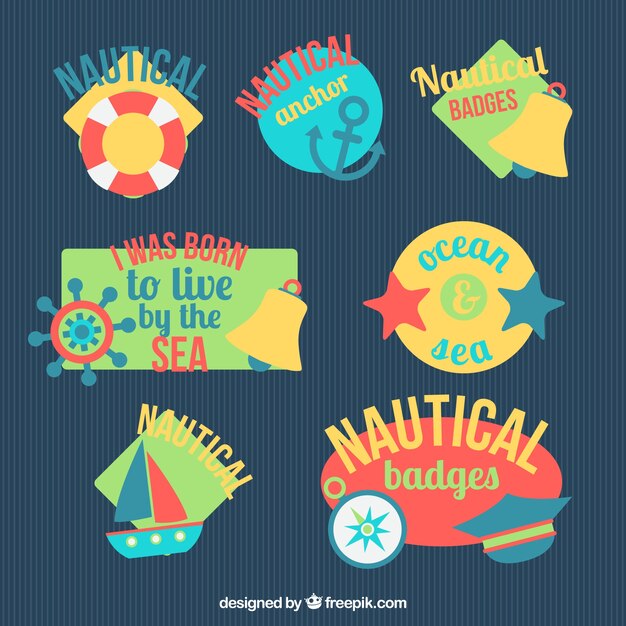 Colección de insignias coloridas con elementos marineros