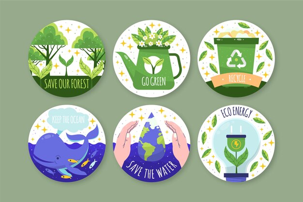 Colección de insignias de concepto ecológico de diseño plano