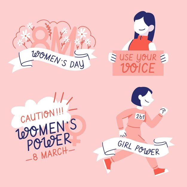 Colección de insignias del día internacional de la mujer dibujadas a mano