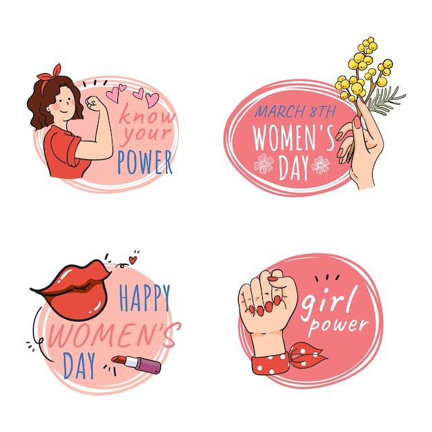 Vector gratuito colección de insignias del día internacional de la mujer dibujadas a mano