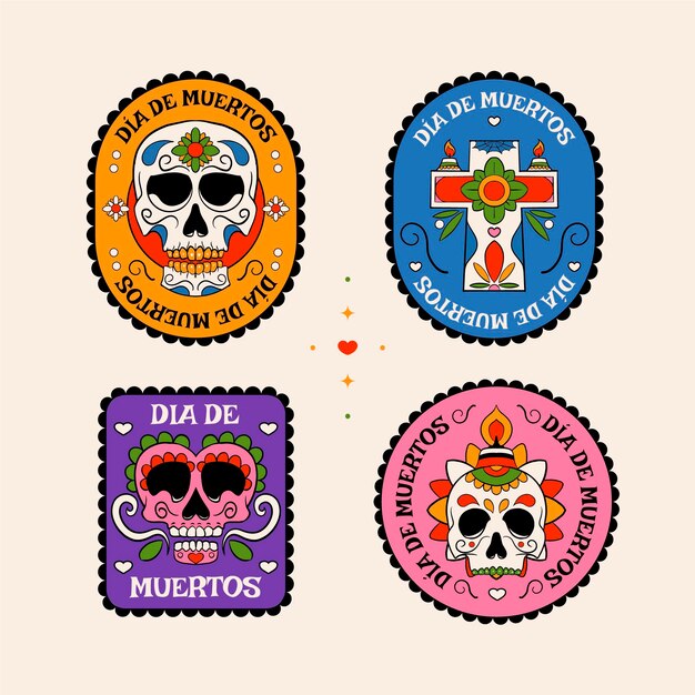 Colección insignias dia de muertos dibujadas a mano