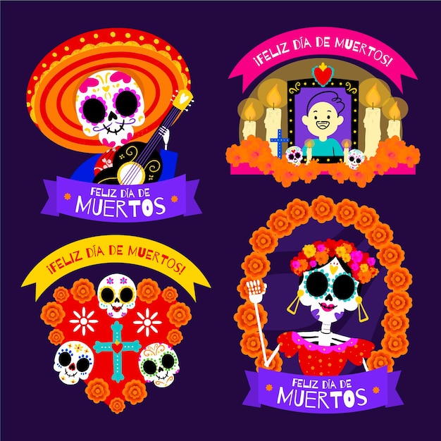 Colección insignias dia de muertos dibujadas a mano