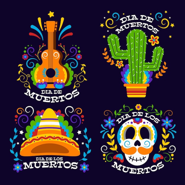 Vector gratuito colección de insignias del día de los muertos en diseño plano