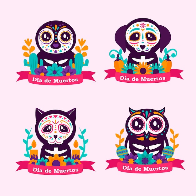 Vector gratuito colección de insignias de dia de muertos en diseño plano