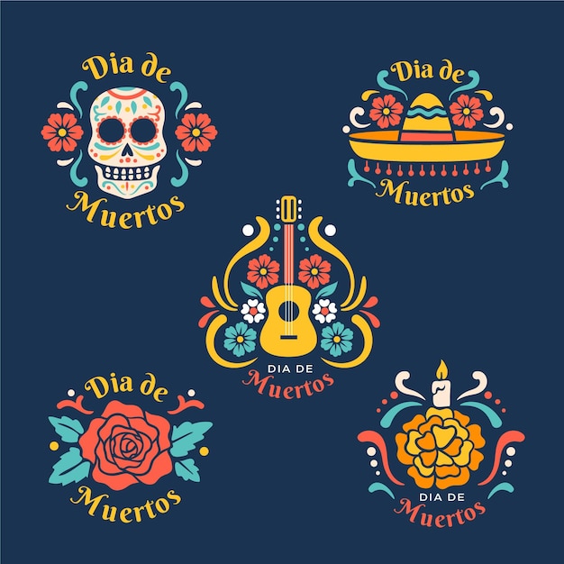 Vector gratuito colección de insignias de dia de muertos en diseño plano