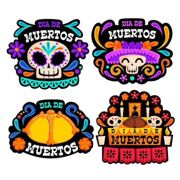 Vector gratuito colección de insignias de dia de muertos en diseño plano