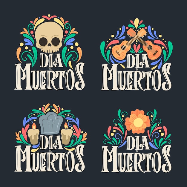 Colección de insignias de dia de muertos en diseño plano