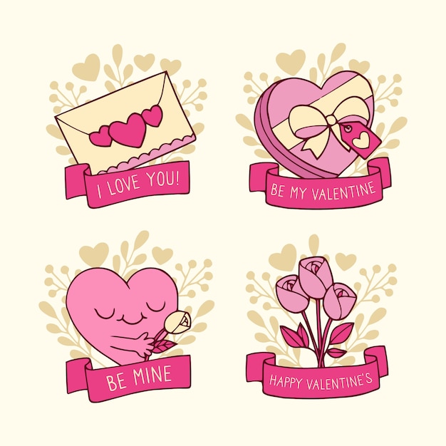 Colección de insignias del día de san valentín dibujadas a mano