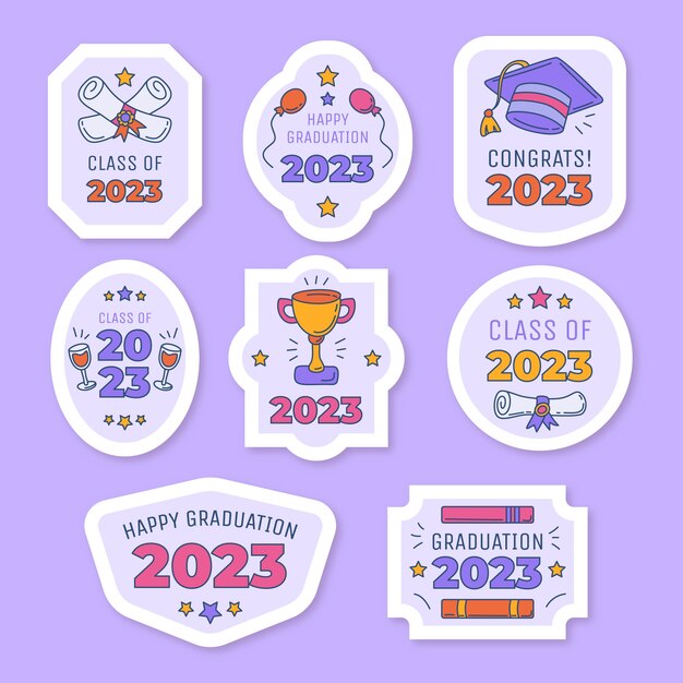 Colección de insignias dibujadas a mano para la graduación de la clase de 2023