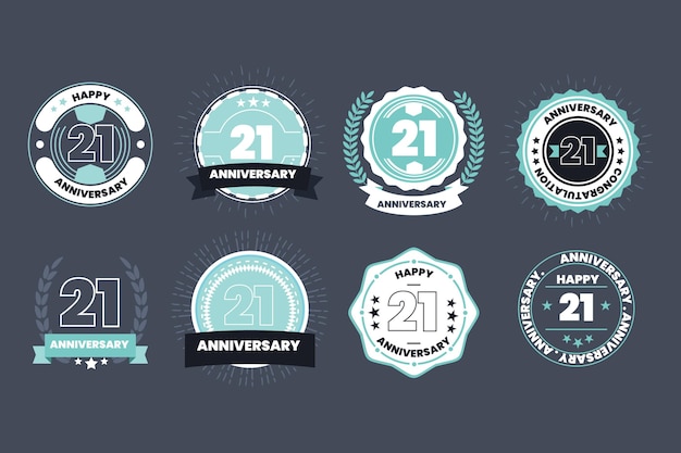 Vector gratuito colección de insignias de diseño plano 21 aniversario