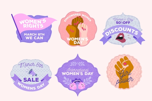 Colección de insignias de diseño plano con el día de la mujer