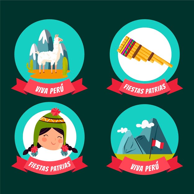 Colección de insignias fiestas patrias de perú dibujadas a mano
