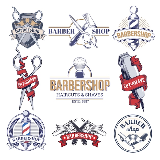 Vector gratuito colección de insignias, logotipos con herramientas de barbería.