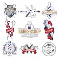 Vector gratuito colección de insignias, logotipos con herramientas de barbería.