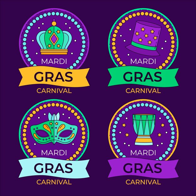 Colección insignias de mardi gras dibujadas a mano