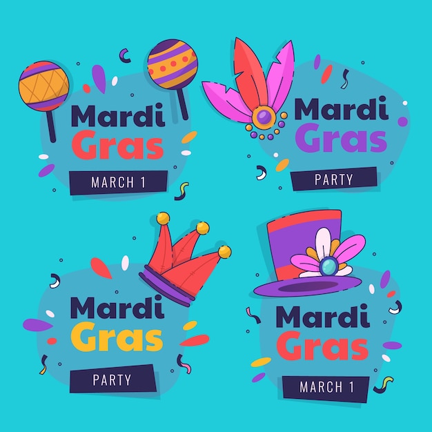 Colección insignias de mardi gras dibujadas a mano