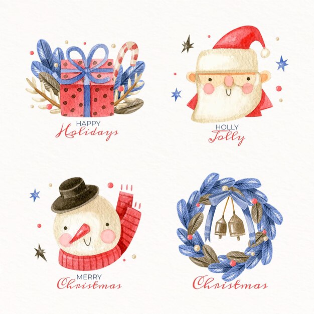 Colección de insignias navideñas en acuarela