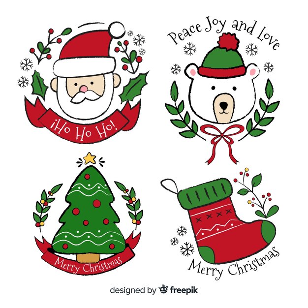 Colección de insignias navideñas dibujadas a mano