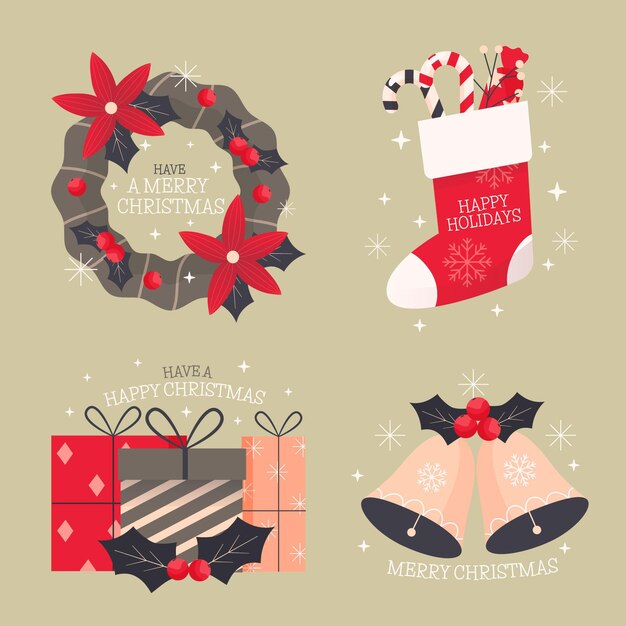 Colección de insignias navideñas dibujadas a mano