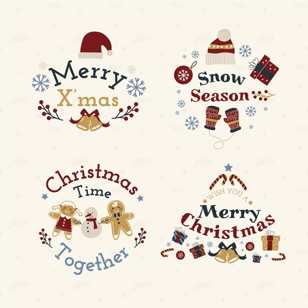 Colección insignias navideñas planas dibujadas a mano