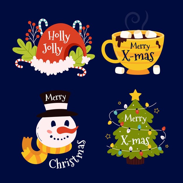Colección insignias navideñas planas dibujadas a mano