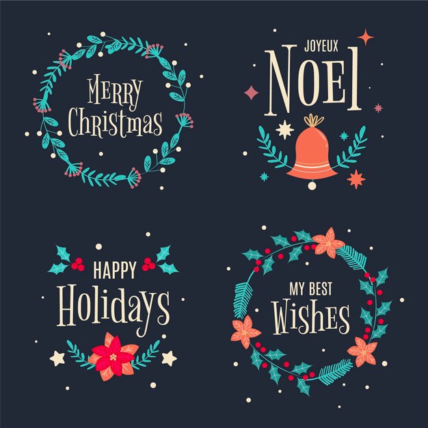 Colección insignias navideñas planas dibujadas a mano