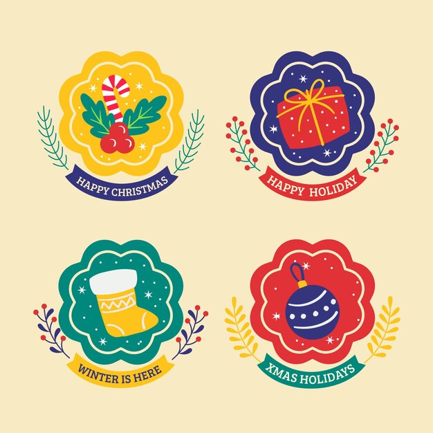 Colección insignias navideñas planas dibujadas a mano