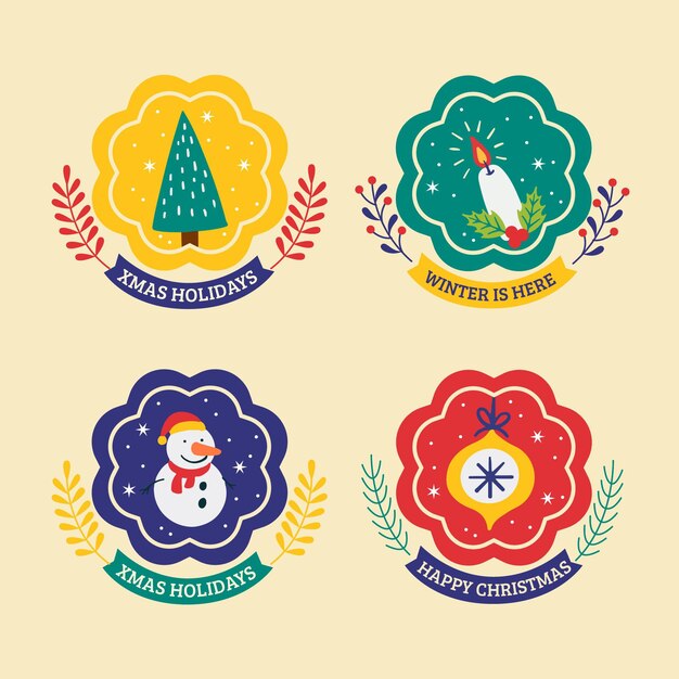 Colección insignias navideñas planas dibujadas a mano
